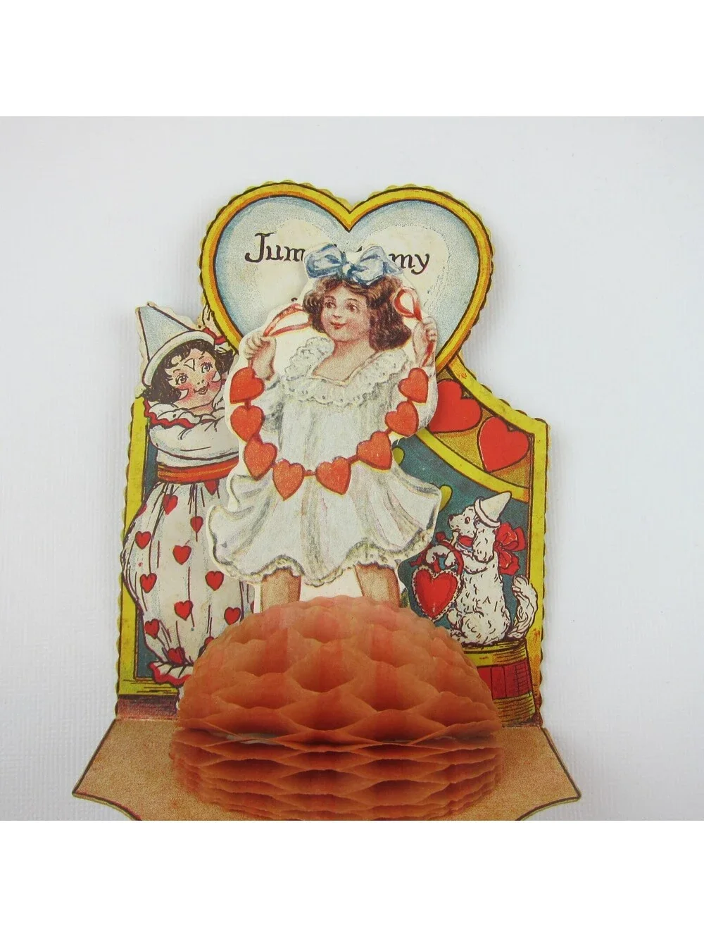Antique Valentine Honeycomb 3D Pop Up Diecut Girl Boy Clown White Dog Fish Heart